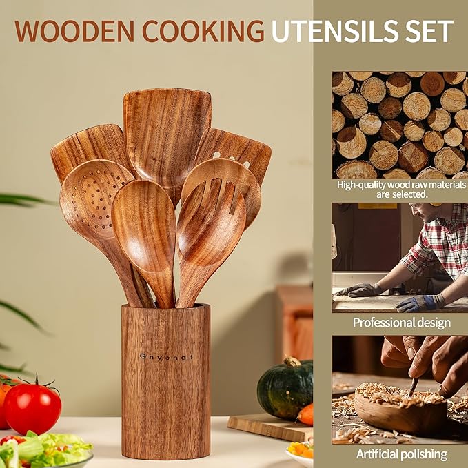 Wooden Spoons for Cooking,9 Pcs Teak Kitchen Utensil Set Wooden Cooking Utensils Wooden Spatula for Cooking
