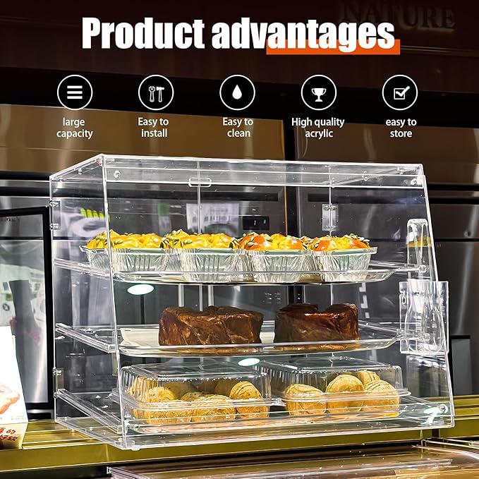 3-Tier Commercial Countertop Bakery Display Case with Rear Doors, 20.9 x 17.3 x 16.7 inches, Clear Countertop Cabinet for Pastries and Desserts