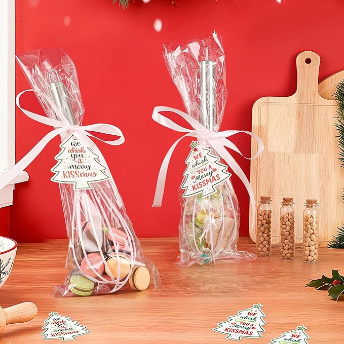 12 Sets 10 Inch Christmas Whisk Baking Gifts, DIY Fillable Christmas Tree Ornaments, Xmas Colored Silicone Whisks for Xmas Employee Neighbor Cooking Supplies Xmas Stocking Stuffers Candy Holder