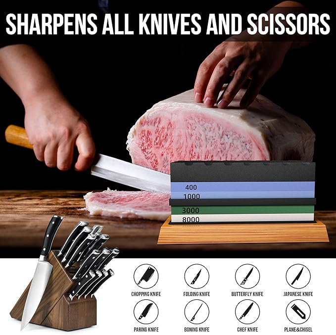 Knife Sharpening Stone Set - Premium 4 Side Grit 400/1000 3000/8000 Whetstone Sharpener Kit - Non-Slip Bamboo Base,Cut Resistant Gloves, Angle Guide,Flatting Stone,Honing Guide,Leather Strop