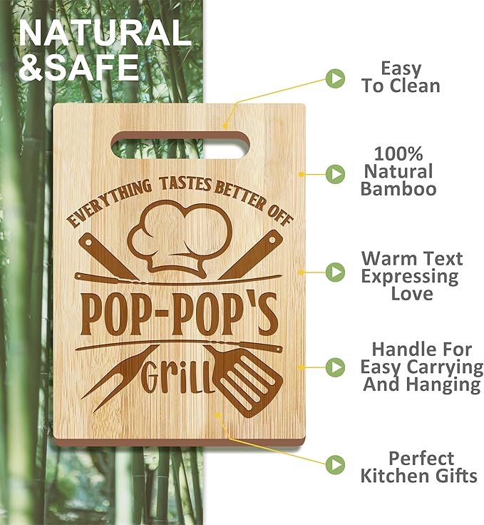 Christmas Pop Pop Gifts, Pop Gifts from Grandkids, Poppop Birthday Gift Wooden Cutting Board Utensils Set with Apron, Great Pop Grandprents Day Fathers Day Stocking Stuffer Kitchen Gift