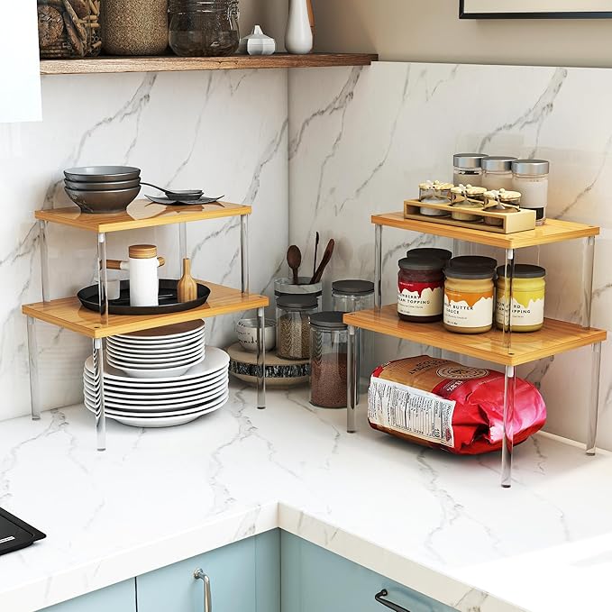 Jolitac Cabinet Organizer Shelf - Set of 2 Clear Acrylic Spice Rack, Stackable Pantry Storage Shelves for Kitchen Counter, Bathroom, Desk - Multi-Purpose Bamboo Space Saving Shelves, Easy Assembly