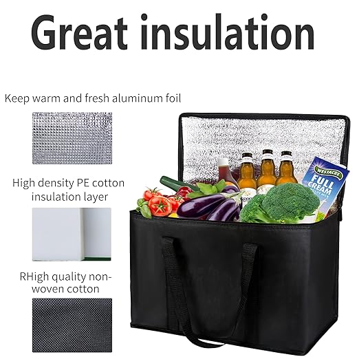 2 Pack Additional Bottom Plate Black Insulated Grocery Shopping Bag, Delivery,Pizza,Reusable Bags, Sturdy Zipper,Collapsible,Tote,Cooler,Thermal,Beach,Waterproof Heavy Duty