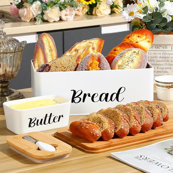 Hushee Metal Bread Box and Butter Dish with Bamboo Cutting Board Lid and Knife Bread Storage Container Breadbox for Kitchen Counter Butter Organizer for Kitchen Countertop Decoration(White)