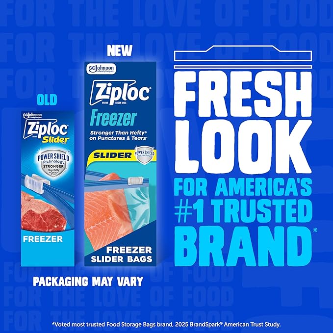 Ziploc Food Storage Quart Freezer Slider Bags, Power Shield Technology for More Durability, 34 count