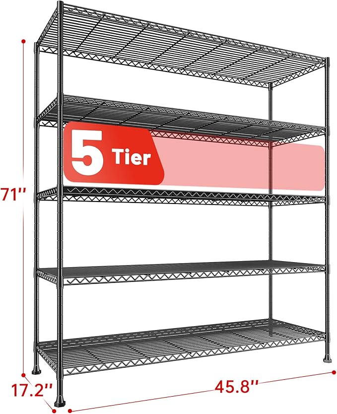 REIBII 45.8“W Storage Shelves Metal Shelving, 5-Tier Wire Shelving, Sturdy Garage Shelving, Adjustable Storage Rack for Pantry Kitchen Dining Room Supermarket Commercial