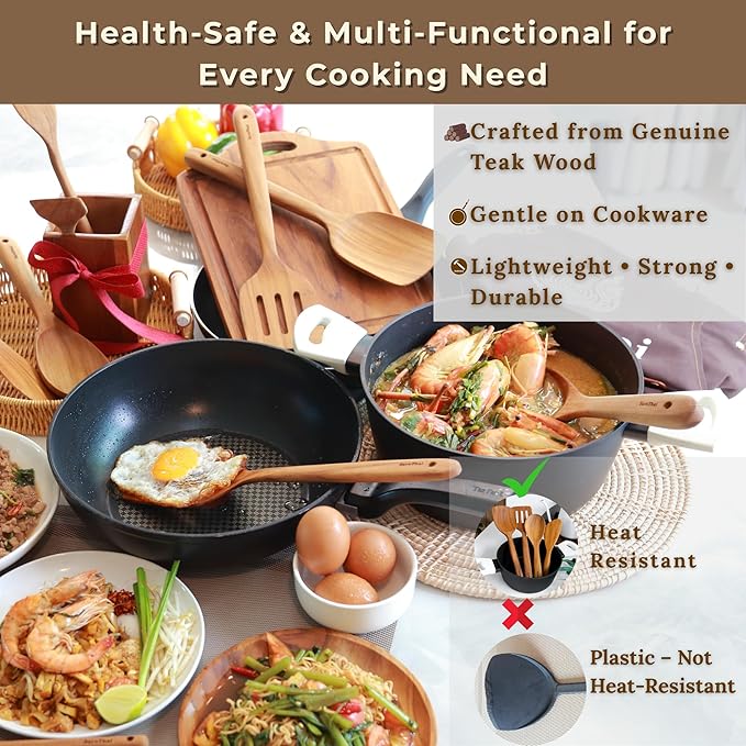 SarnThai Premium Teak Kitchen Utensil Set – 4-Piece Handmade Wooden Spatulas & Spoon for Cooking, Natural Teak Wood Tools Safe for Nonstick Pans, Eco-Friendly Thai Handmade Utensil Set
