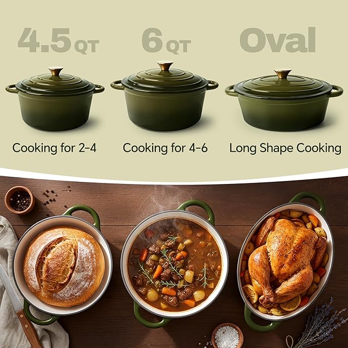 4.5 Quart Dutch Oven Pot with Lid, Non Stick Enameled Cast Iron Dutch Oven for Bread Baking, Heavy-Duty, Oven Safe Ceramic Cookware Up to 500°F for Baking, Braising, Stews, Roasting, Golden Green