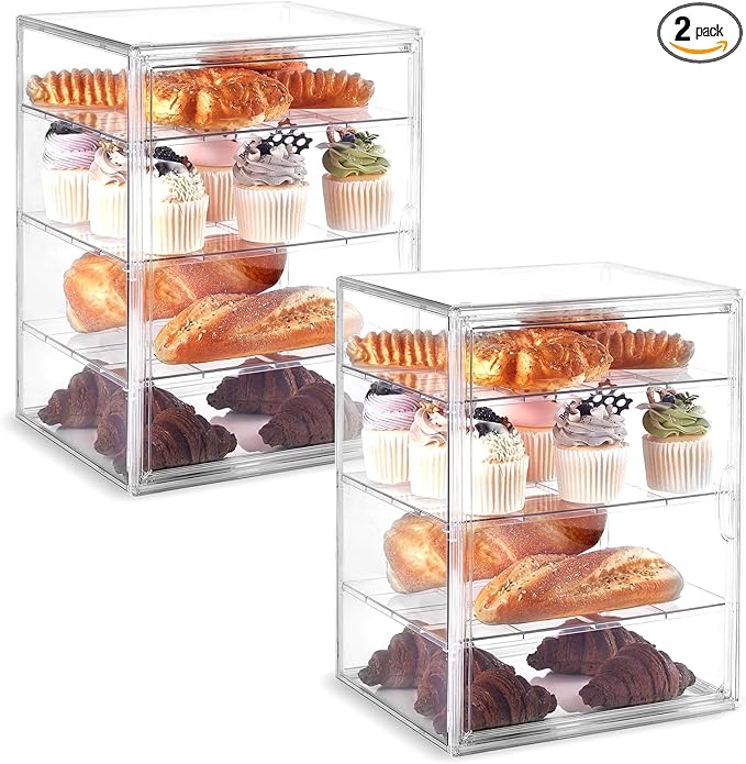 Pastry Display Case, Large Bread Box for Kitchen Countertop, 4 Layers Adjustable Bakery Display Case, Clear Breadbox for Baked Goods Cookie Dessert Cupcake Kitchen Counter, 2 Pack