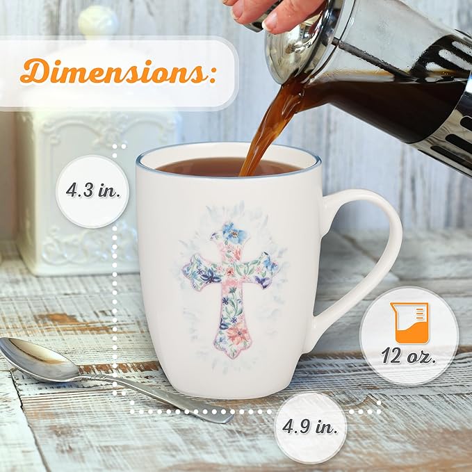 Christian Art Gifts Encouraging Ceramic Coffee & Tea Mug for Women: Pink & Light Blue Floral Cross, Cute Microwave & Dishwasher Safe Cup, Lead-free Clean Inspirational Novelty Drinkware, White, 12 oz.