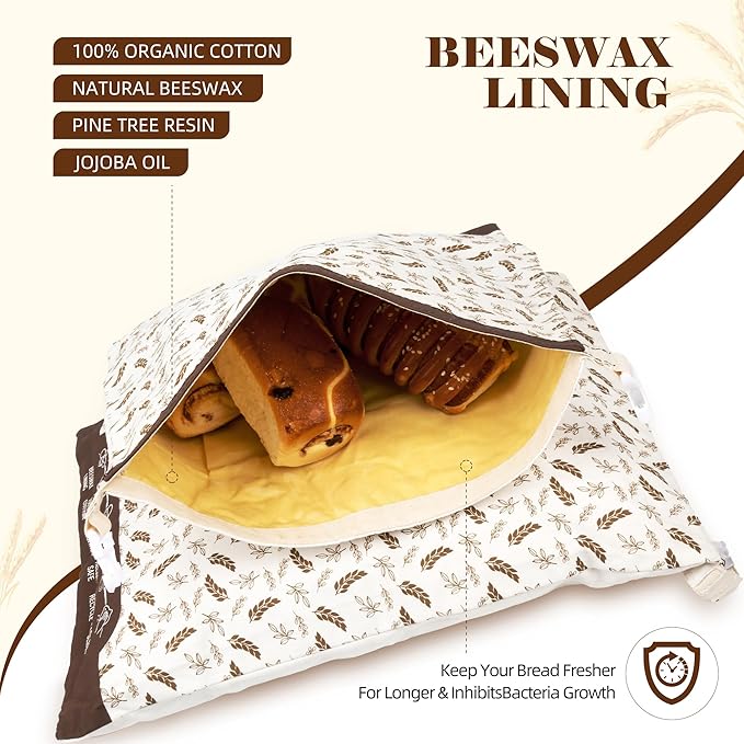 2 Pack XL Cotton & Beeswax Bread Bags for Sourdough & Homemade Bread – Organic Bees vax- Reusable, Eco-Friendly & Food-Safe Storage, 17x13 in, Freezer-Safe Freshness