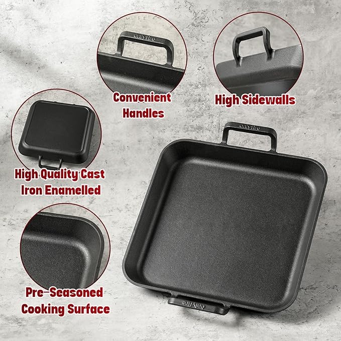 Onlyfire Pre-Seasoned Cast Iron Skillet, 12 Inch Square Steak Pan Frying Pan with Nonstick Perforated Grill Surface and Dual Handles, Cast Iron Grill Pan for Grills, Oven and All Stovetops