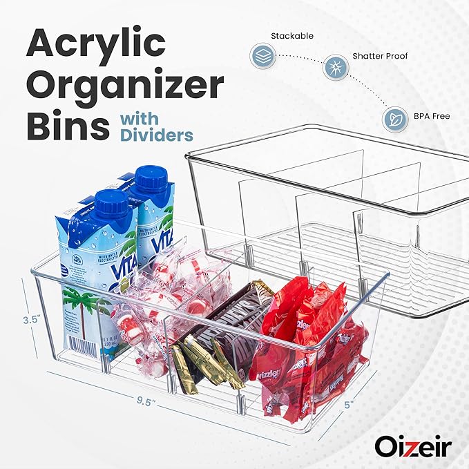 Oizeir Clear Pantry Organizer Bins 8-Pack - Fridge Organizer with 3 Removable Dividers, Ideal for Kitchen, Pantry, Refrigerator, Freezer, and Snack Storage