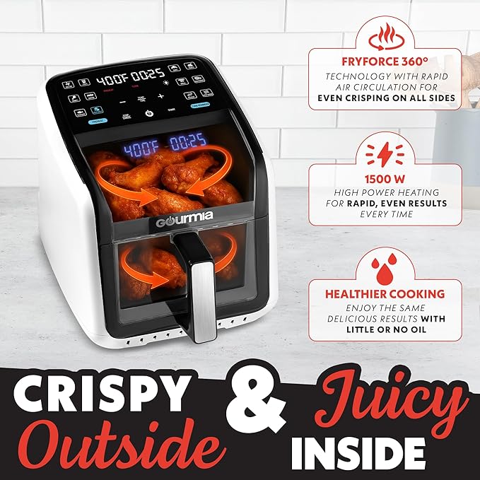 Gourmia Air Fryer 7 QT - Easy View Panoramic Window & Interior Light, Guided Cooking with 12 One-Touch Presets, FryForce 360, Dishwasher Safe Accessories, White