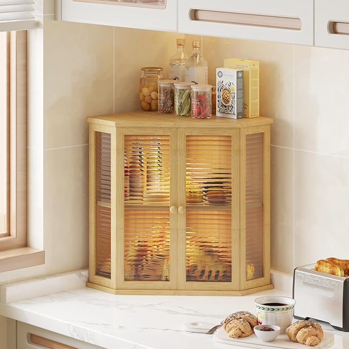Corner bread box Bread Box for Kitchen Countertop - Corner Bread Storage Box 16.51" H, Premium Pine Wood with Glass Door, Perfect for Homemade Bread, Baguettes & Pastries (Natural wood)