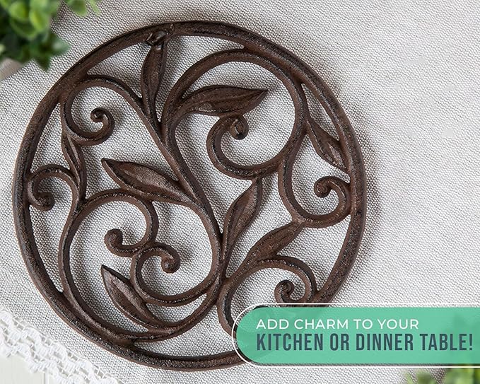 Comfify Cast Iron Trivet – Round Vintage Pattern for Kitchen or Dining Table – 7.7" Diameter – Rust Brown