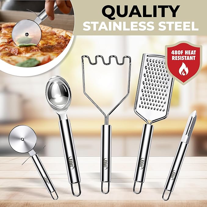 Kaluns 50 PCS Silicone Kitchen Utensils Set Complete Kitchen Set - 800°F Heat Resistant Non-Stick Premium Cooking Utensils W Wooden Handles - Can Opener, Masher, Turner, Silicone Spatula Set