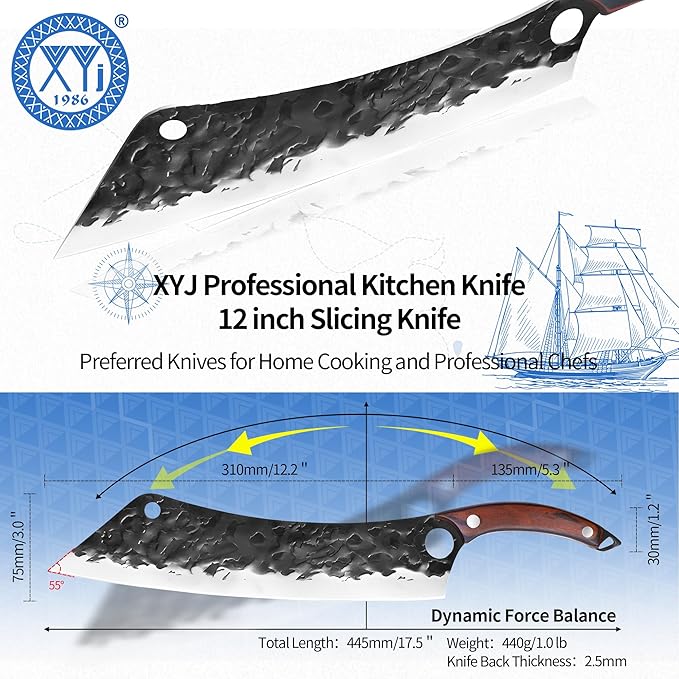 XYJ Full Tang 12 Inch Long Knife Finger Hole Design Stainless Steel Extra Long Blade Ergonomic Wood Handle Japanese Chef Vegetable Knife For Cutting Cake Watermelon Brisket