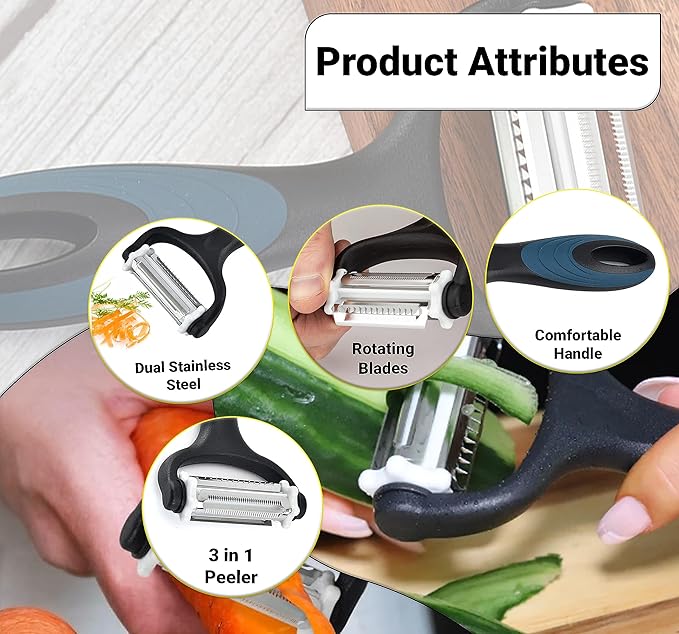 Potato Peeler with Julienne Cutter (3 Blades, 360° Rotating) – Y Peelers for Vegetable Carrot Cucumber Potatoes & Fruits – Stainless Steel Blades, Anti Slip Handle