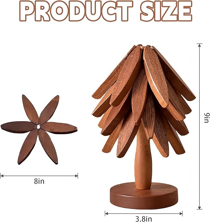 Wooden Trivets for Hot Dishes，Natural Tree Trivet Set，4 Walnut Wood + 1 Stand stored Like a Christmas Tree.Wooden Tree Coasters,Trivets for Hot Pots and Pans.