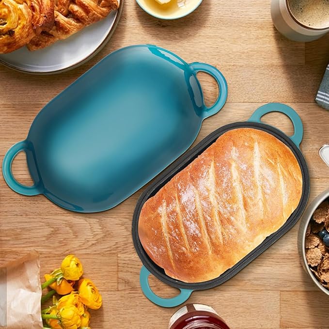 Enameled Cast Iron Sourdough Bread Oven, 5QT Loaf Cast Iron Bread Pan with Lid, Oval Dutch Oven for Homemade Bread Baking, Meatloaf Pan with Lid (Gradient Blue-green)