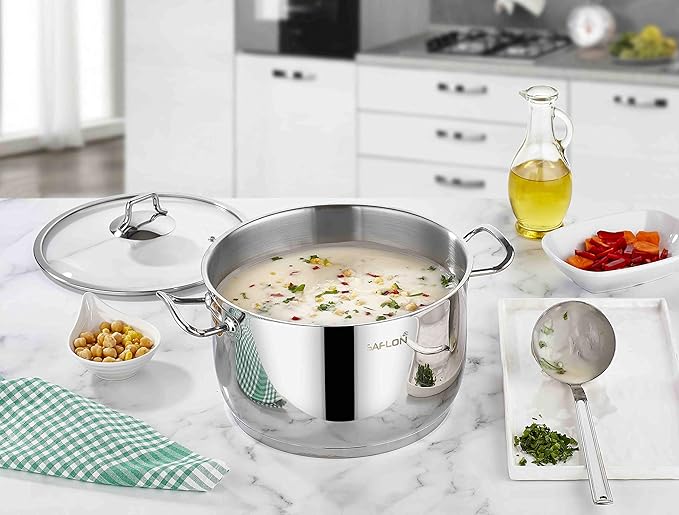 Saflon Stainless Steel Tri-Ply Capsulated Bottom 8 Quart Stock Pot with Glass Lid, Induction Ready, Oven and Dishwasher Safe