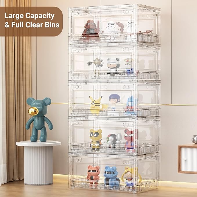 BROVIEW 80Qt Stackable Storage Bins with Lids Wheels, Crystal Clear Shiny Storage Cabinet Plastic Drawer Foldable Closet Organizers Display Box with Front & Back Doors, for Home Office Garage,1Pack