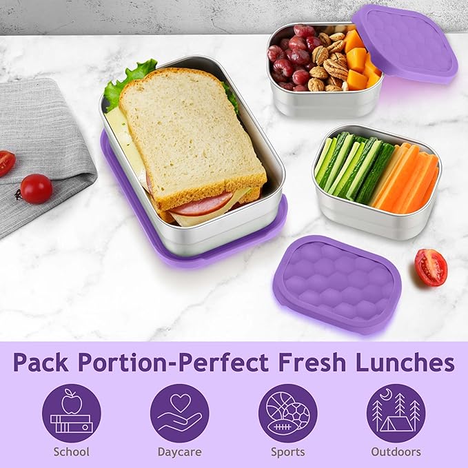 Homikit 3 Pack Kids Lunch Box Set, 18/10 Stainless Steel Bento Boxes with Silicone Lids Leak Proof, 5 Cups Reusable Metal Food Snack Containers for School Daycare, Nontoxic & Dishwasher Safe, Purple