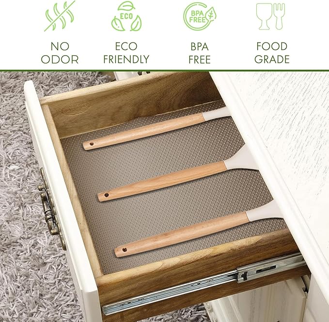 EVALAND Shelf Liners for Kitchen Cabinets Non-Adhesive 12" x 33 FT Beige Drawer Liner Non Slip, Washable Cabinet Liner, Waterproof Shelf Liners for Cabinets, Refrigerator Bathroom Pantry Cabinet Mat