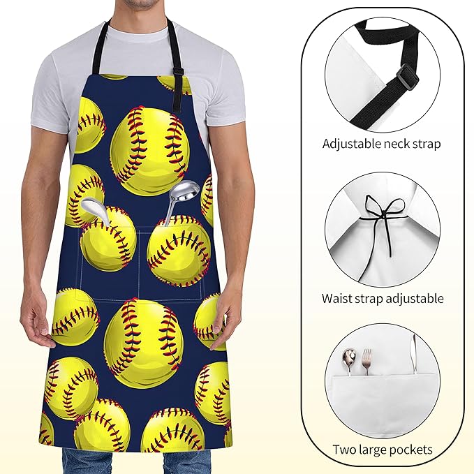 Softball Apron for Women with Yellow Softballs,28x33in,Sport Kitchen Aprons with 2 Pockets,Oxford Fabric,Navy Blue Adjustable Apron for Cooking Baking Gardening Chef,Gifts for Men Mom Wife