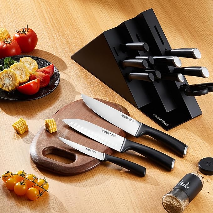 KINGSTONE 14-Piece Knife Block Set, High-Carbon Stainless Steel Knives with Ergonomic Non-Slip Handles, Ultra Sharp & Dishwasher Safe, Black