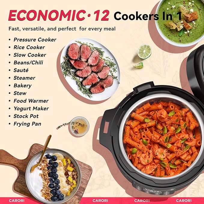 1200W 12-in-1 Electric Pressure Cooker 8Qt, Stainless Steel Pressure Cooker, Slow Cook Rice Cooker Steamer Sauté, Yogurt Maker, Warmer & Sterilizer with Recipe, Safer Venting Design, Black