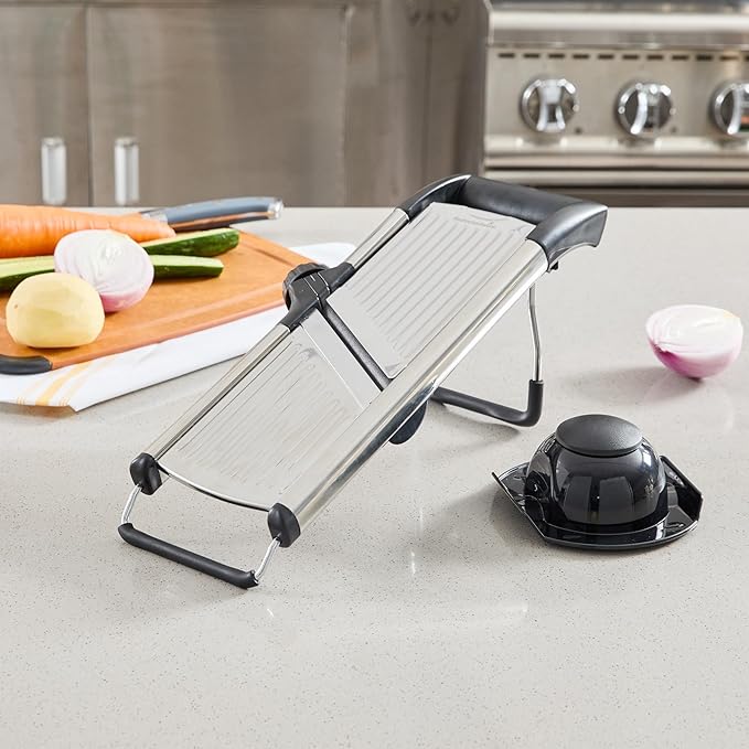 Restaurantware Stainless Steel Adjustable Mandoline Slicer - German Standard Vegetable Slicer with Blade Guard, Cut-Resistant Gloves, Cleaning Brush - Food Slicer for Potato, Onions, Cucumbers, Tomato