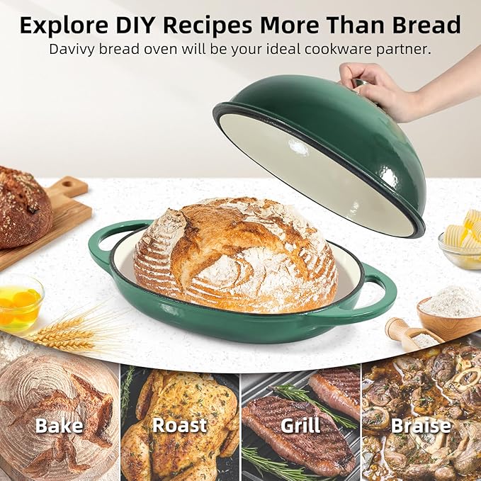 Davivy 6QT Oval Bread Dutch Oven with Domed Lid, Enameled Cast Iron Dutch Oven for Sourdough Bread Baking 6QT, Oval Cast Iron Sourdough Bread Pan with Lid - Forest Green