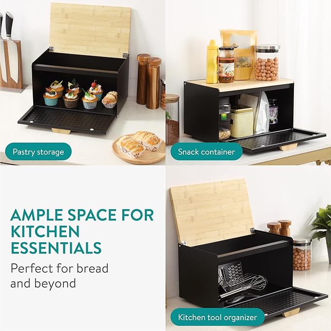 Navaris Metal Bread Bin Container with Bamboo Lid - Large Aesthetic Black Bread Bins for the Kitchen - Bread Box Containers for Small Items Storage - Bread Storing Bin Set