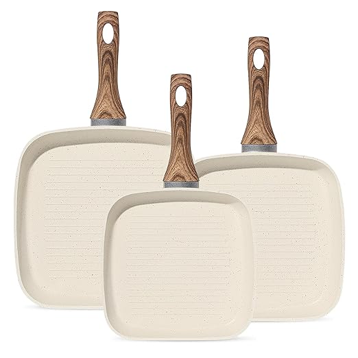Grill Pan, Skillet Set 3 Piece, Frying Pan Non Stick with Stay Cool Handle & PFOA Free,Compatible with all Stovetops, Biege (9.5"10" 11")