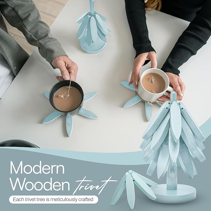 Wooden trivets for hot Dishes – 4 Tree-Shaped Coasters & 1 Stand for Hot Pots, Dishes | Heat-Resistant, Space-Saving Pot Rest & Cozy Kitchen Decor, Tree Trivets for Counter + Special Bonus (Sky Blue)