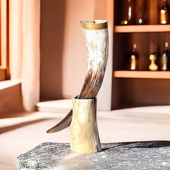 Norse Tradesman Genuine 12" Ox-Horn Viking Drinking Horn with Brass Rim, Brown Leather Belt Holster, Fitted Stand & Burlap Gift Sack - The Classic, 12-Inches, Low Polish