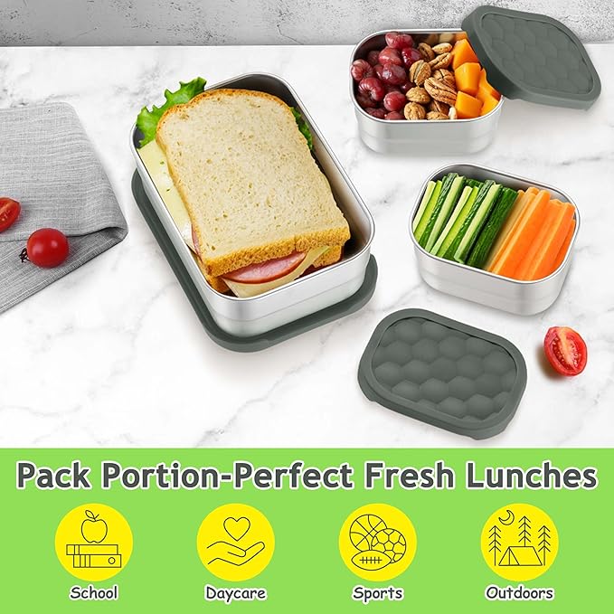 Homikit 3 Pack Kids Lunch Box Set, 18/10 Stainless Steel Bento Boxes with Silicone Lids Leak Proof, 5 Cups Reusable Metal Food Snack Containers for School Daycare, Nontoxic & Dishwasher Safe, Gray