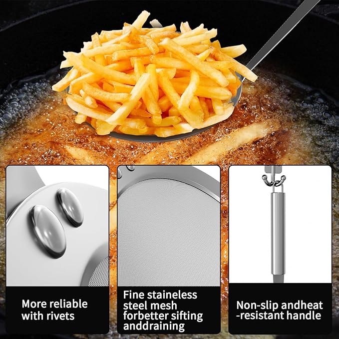 Newness Fine Mesh Skimmer Spoon, Professional 304 Stainless Steel Hot Pot Fat Strainer for Oil Filter Skimming Grease and Foam, Durable Multi-Functional Kitchen Cooking Mesh Food Strainer Ladle-3 Pack