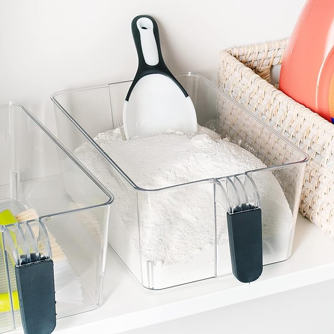 Ice Cube Tray + Ice Scoop For Freezer | Ice Bin & Flexible Scoop | BPA Free, Food Safe Ice Bucket | Clear Plastic Storage Bin, Laundry Detergent Holder, Freezer and Refrigerator Organizer Bin