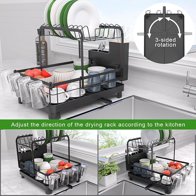 Runnatal 2-Tier Dish Drying Rack, Large Dish Rack with Drainboard Set, Detachable 4-in-1 Large Capacity Dish Drainer Over The Sink Anti-Rust for Kitchen Counter, Black