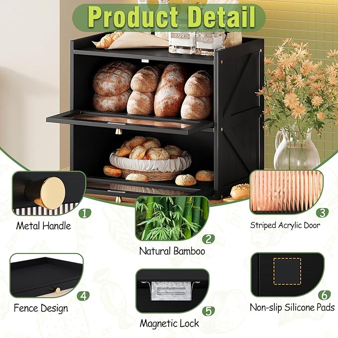 Double Layer Bread Box for Kitchen Counter Black Bread Storage Container with Acrylic Door Large Farmhouse Breadbox Organizer Bread Holder (Black)