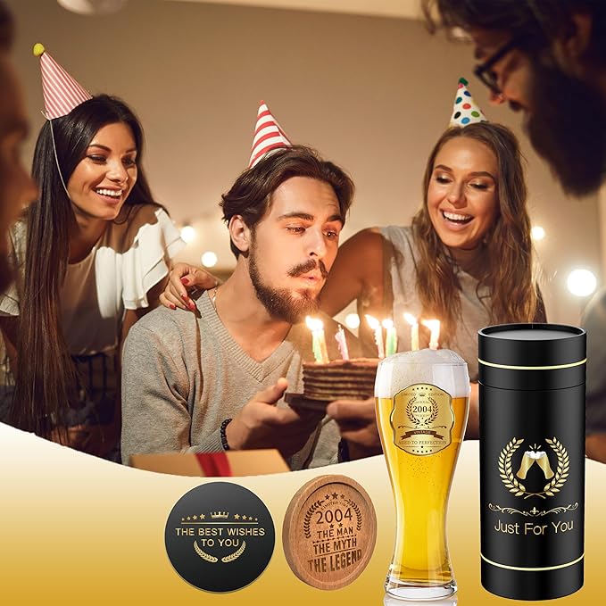 21st Birthday Beer Glasses Gifts, Personalized '2004' Vintage Glass Ware Set for Men, Black Gift Package with Drinking Glass, Coaster, and Card for 21 Years Old Man
