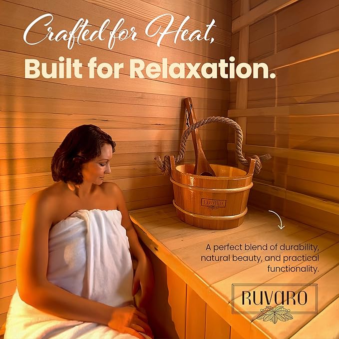 Sauna Bucket and Ladle Set – Handcrafted from Canadian Red Cedar Wood – 1 Gallon (4Liters) Water Capacity – Leakproof Liner – Natural Rope Handle - Luxury Sauna Accessories Set