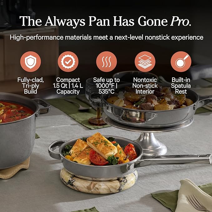 Our Place Titanium Mini Always Pan Pro - 8.5” (1.48 Qt) No-Coating Nonstick Skillet | Tri-Ply Titanium & Stainless Steel | Safe for Oven, Induction & Cooktops up to 1000°F | Includes Spatula | Chrome