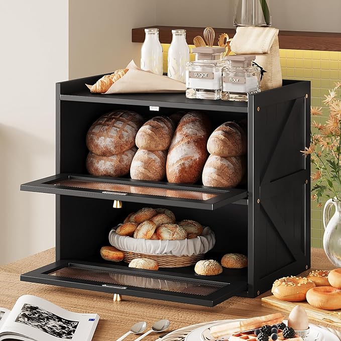 Double Layer Bread Box for Kitchen Counter Black Bread Storage Container with Acrylic Door Large Farmhouse Breadbox Organizer Bread Holder (Black)
