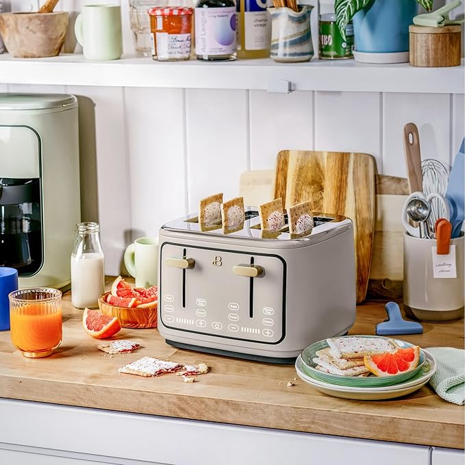 Beautiful 4 Slices Toaster with Touch-Activated Digital Display, Extra Wide Self-Adjusting Slots, Adjustable Shade Control, by Drew Barrymore (Porcini)