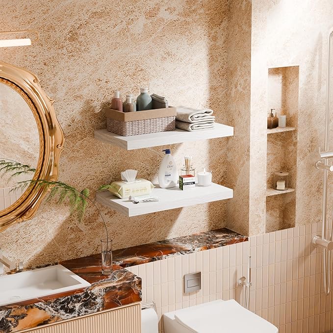 White 24 Inch Rustic Floating Shelves for Wall, Wooden 12 Inch Deep Floating Shelves Set of 2, Wall Shelves for Bathroom over Toilet, Live Edge Display Shelf with Invisible Brackets for Home Decor