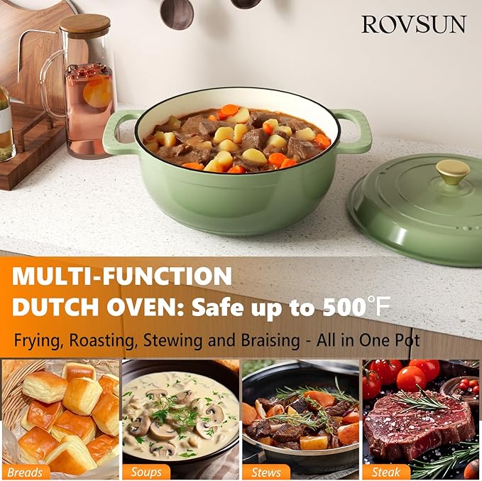 ROVSUN Enameled Cast Iron Round Dutch Oven, 6QT Pot with Lid &Dual Handles with Silicone Gloves,Oven Safe up to 500°F, Heavy-Duty Pre-Seasoned Cookware for Bread Baking, Braising, Stews, Roasting, Sage Green